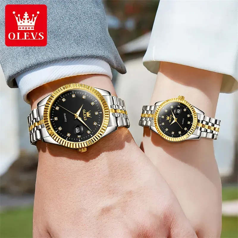 Olevs Luxurious Black Dial Two-tone Couple Watch | 5526